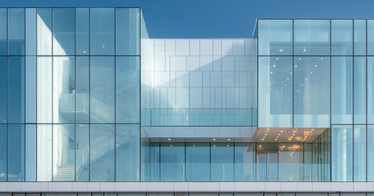 Moderne overheidsgebouw met glazen gevel en minimalistische architectuur