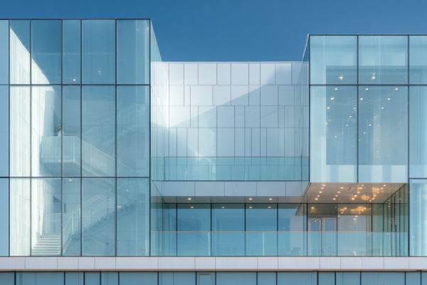 Moderne overheidsgebouw met glazen gevel en minimalistische architectuur