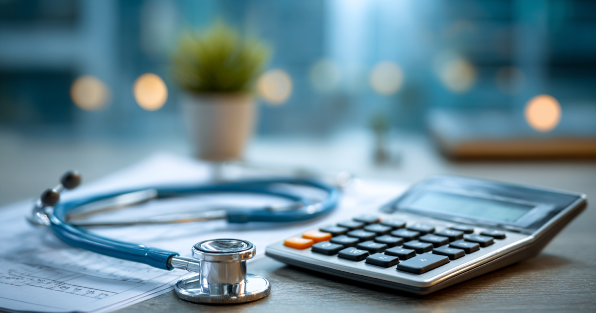Conceptuele afbeelding van zorgkosten met stethoscoop en rekenmachine