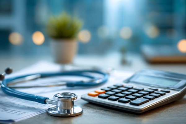 Conceptuele afbeelding van zorgkosten met stethoscoop en rekenmachine
