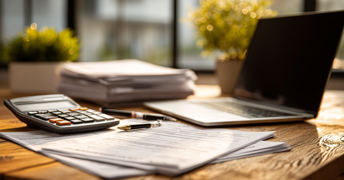 Georganiseerde werkplek met belastingdocumenten en laptop voor belastingaangifte