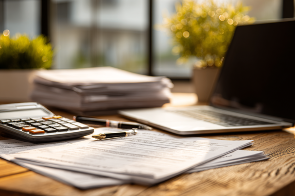 Georganiseerde werkplek met belastingdocumenten en laptop voor belastingaangifte
