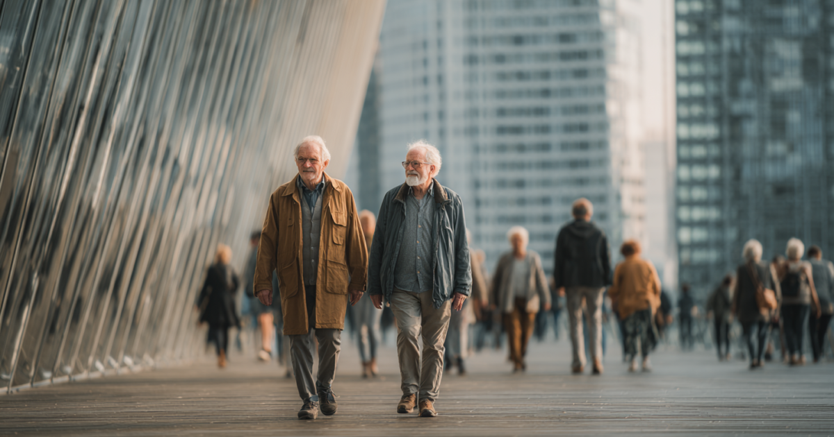 Oudere mensen wandelen samen in Nederlandse stedelijke omgeving, symboliseert AOW en pensioenzekerheid