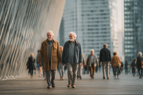 Oudere mensen wandelen samen in Nederlandse stedelijke omgeving, symboliseert AOW en pensioenzekerheid