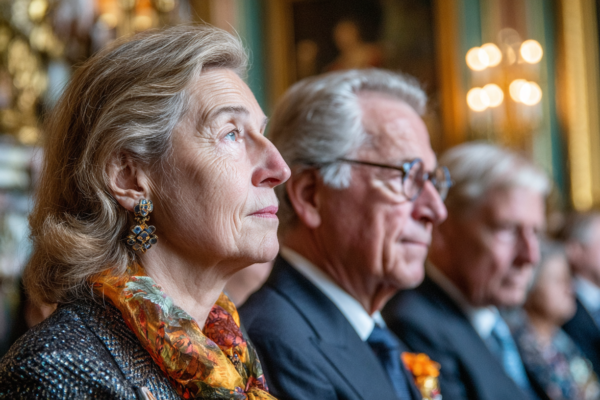 Ceremoniële setting van een Nederlandse regeringsbeëdiging in koninklijk paleis