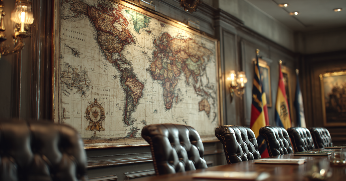 Diplomatieke vergaderruimte met wereldkaarten en vlaggen, symboliserend internationale betrekkingen