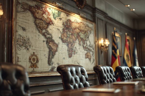 Diplomatieke vergaderruimte met wereldkaarten en vlaggen, symboliserend internationale betrekkingen