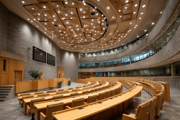 Lege stoelen in de Tweede Kamer die politieke onderhandelingen symboliseren