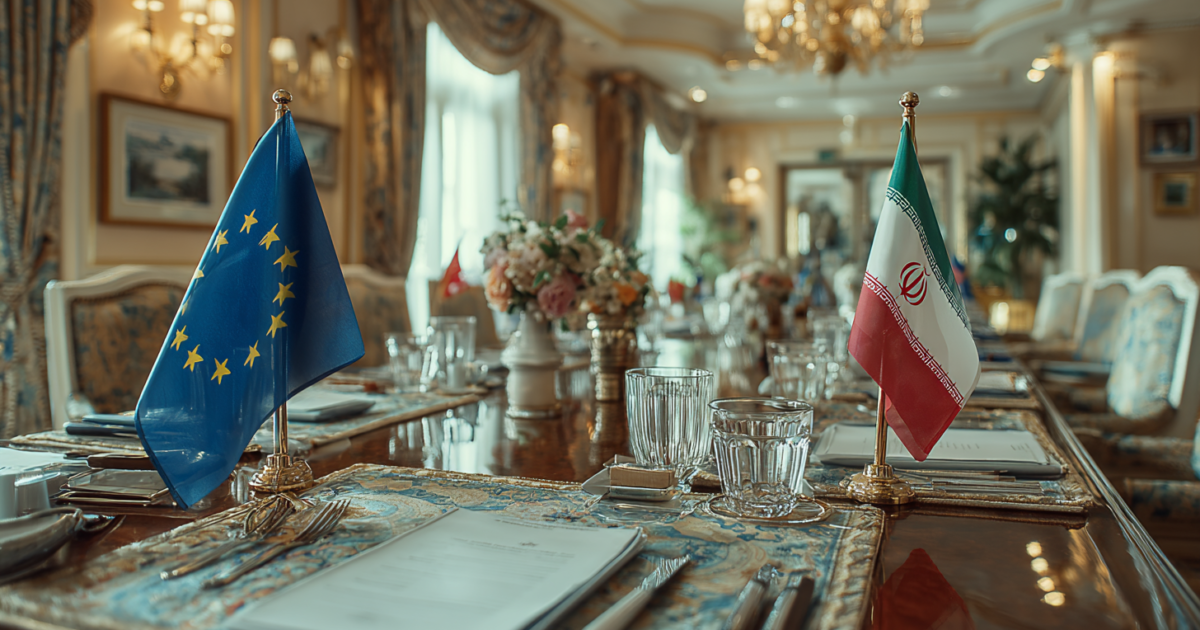 Diplomatieke onderhandelingstafel met EU en Iraanse vlaggen