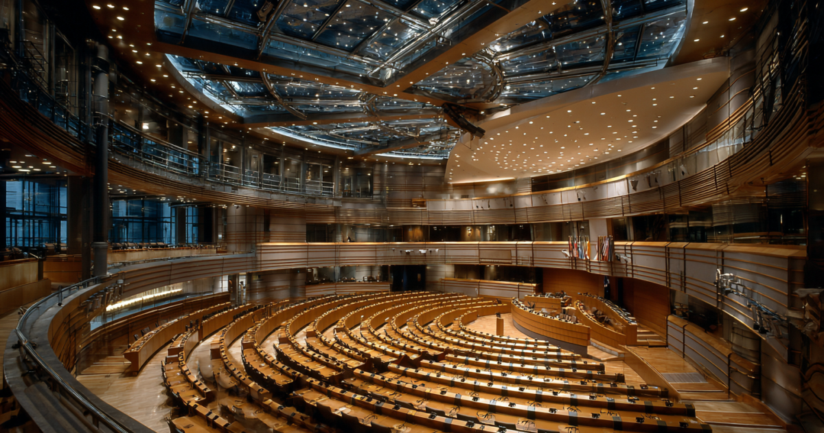 Lege parlementaire zaal die het democratische ratificatieproces symboliseert