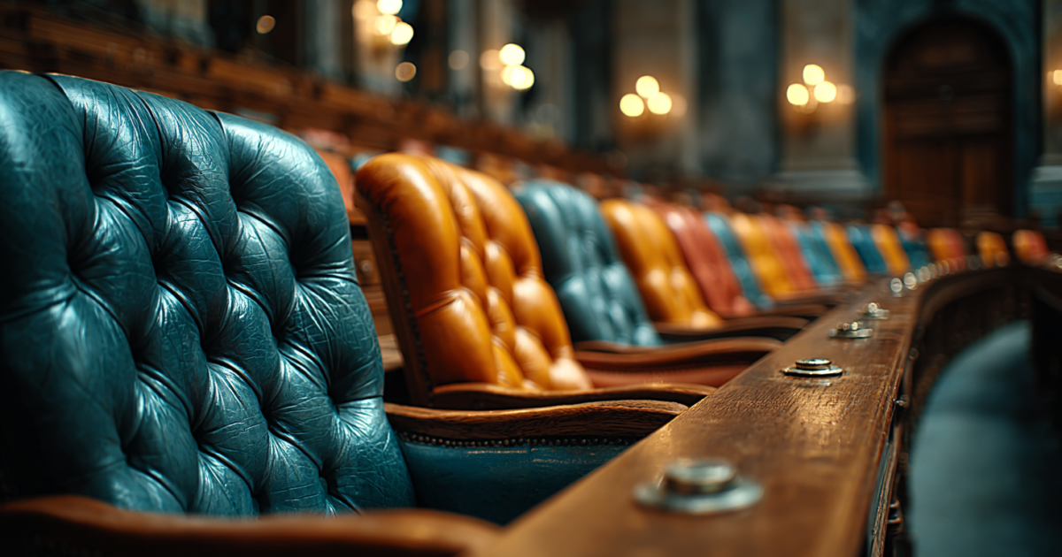 Lege Tweede Kamer met stemknoppen, symbolisch voor parlementaire onderhandelingen