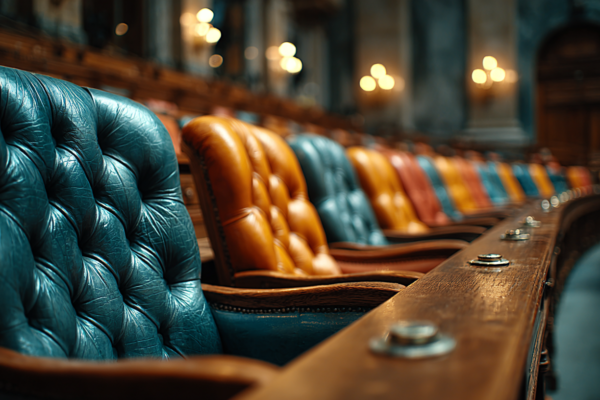 Lege Tweede Kamer met stemknoppen, symbolisch voor parlementaire onderhandelingen