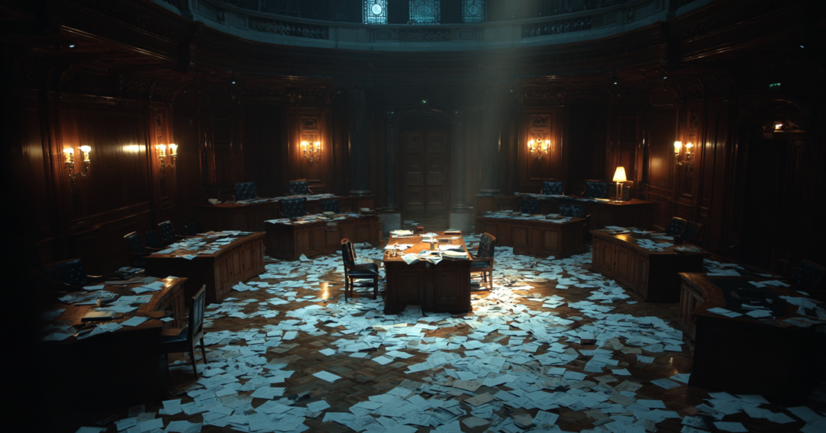 Lege parlementaire zaal met verspreide papieren, symboliseert politieke verdeeldheid