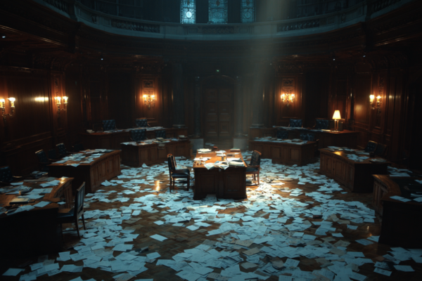 Lege parlementaire zaal met verspreide papieren, symboliseert politieke verdeeldheid