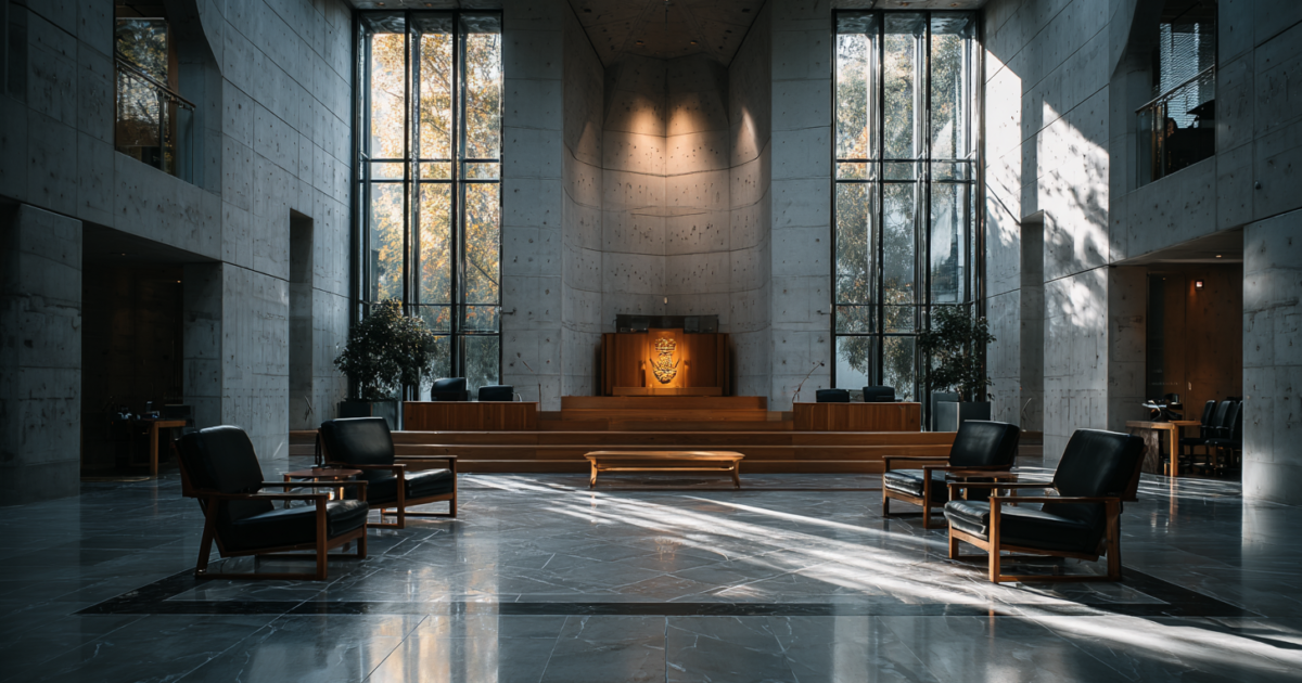 Lege parlementaire zaal die de afwezigheid van platform X bij het gesprek symboliseert