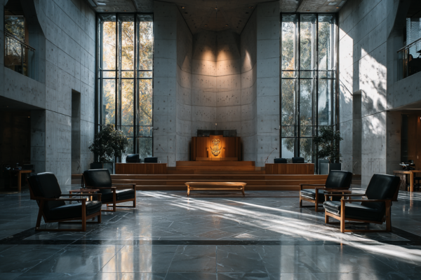 Lege parlementaire zaal die de afwezigheid van platform X bij het gesprek symboliseert