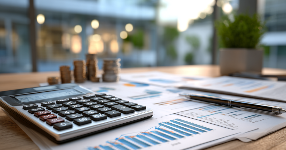 Financiële documenten en rekenmachine op bureau, symboliserend belastingvoorbereiding