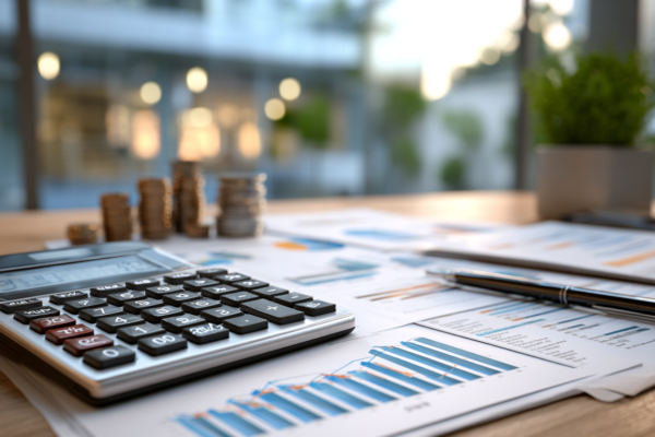 Financiële documenten en rekenmachine op bureau, symboliserend belastingvoorbereiding