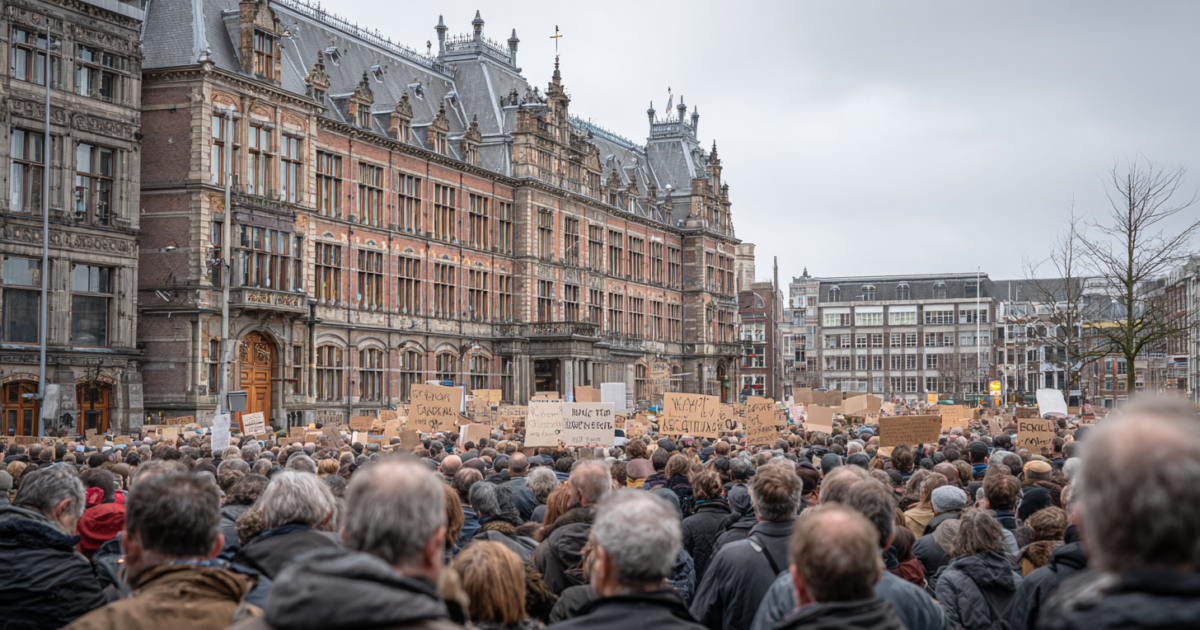 Rijksambtenaren tijdens een protestactie voor een overheidsgebouw