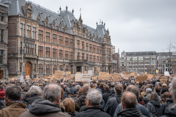 Rijksambtenaren tijdens een protestactie voor een overheidsgebouw