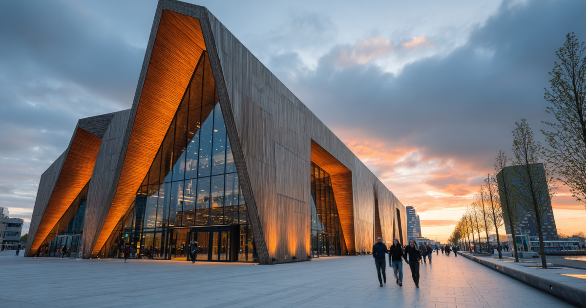 Modern gemeentehuis met toeristen in de omgeving, symbolisch voor lokaal toeristenbeleid