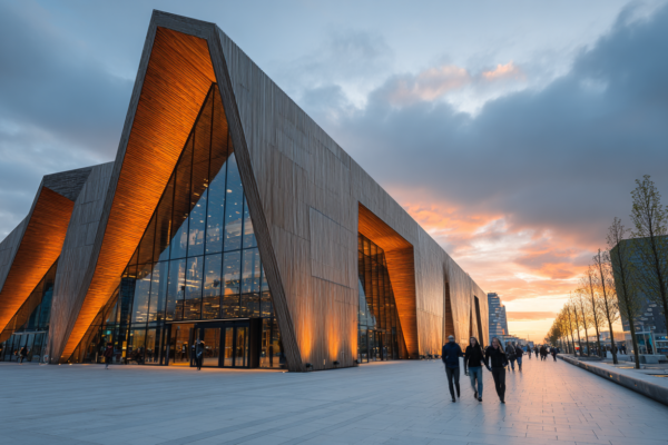 Modern gemeentehuis met toeristen in de omgeving, symbolisch voor lokaal toeristenbeleid