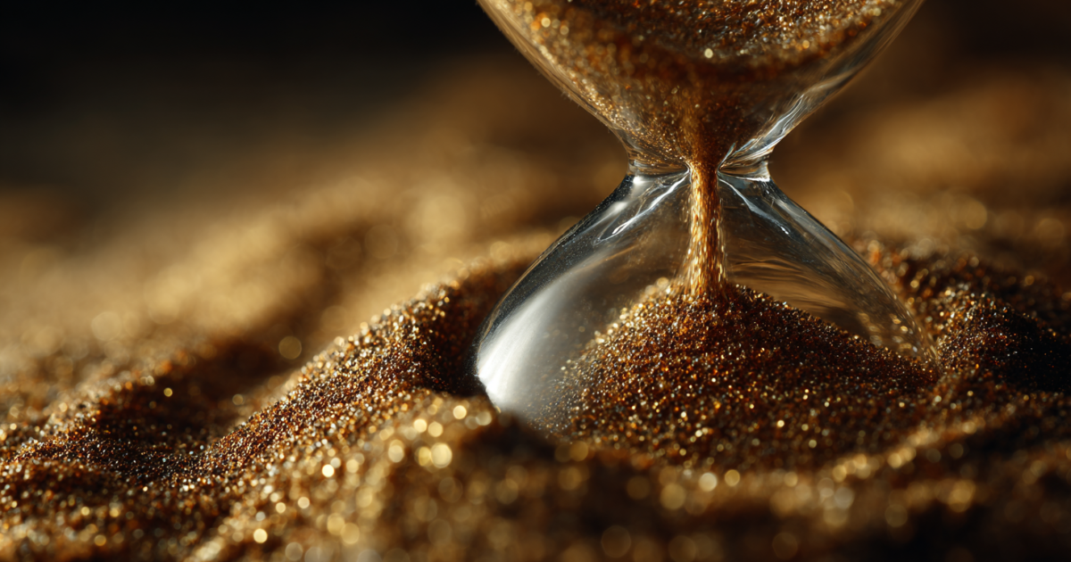 Macro fotografie van een zandloper met stromend zand, symboliserend tijd en leeftijd