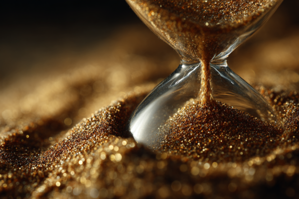 Macro fotografie van een zandloper met stromend zand, symboliserend tijd en leeftijd