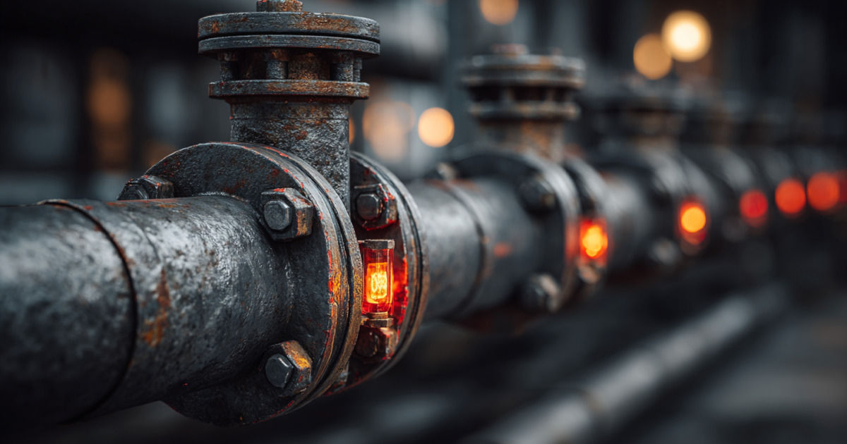 Close-up van warmtenet leidingen en meters in een woongebouw