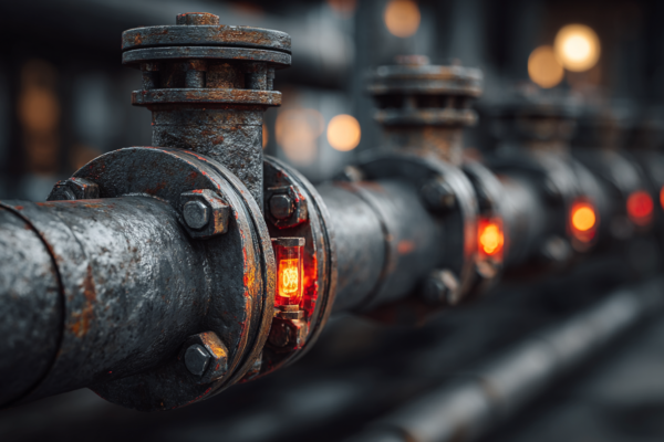 Close-up van warmtenet leidingen en meters in een woongebouw