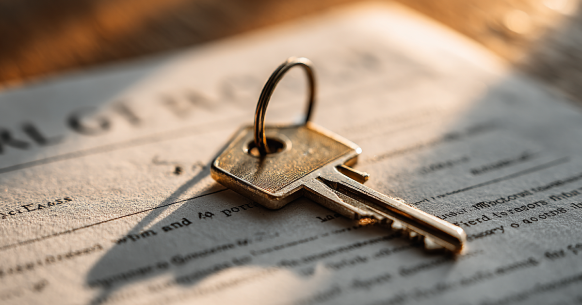 Huissleutel op officiële documenten met subtiele afbeelding van daling