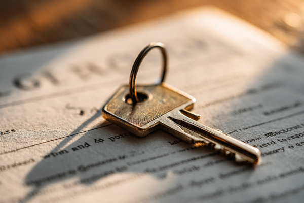 Huissleutel op officiële documenten met subtiele afbeelding van daling