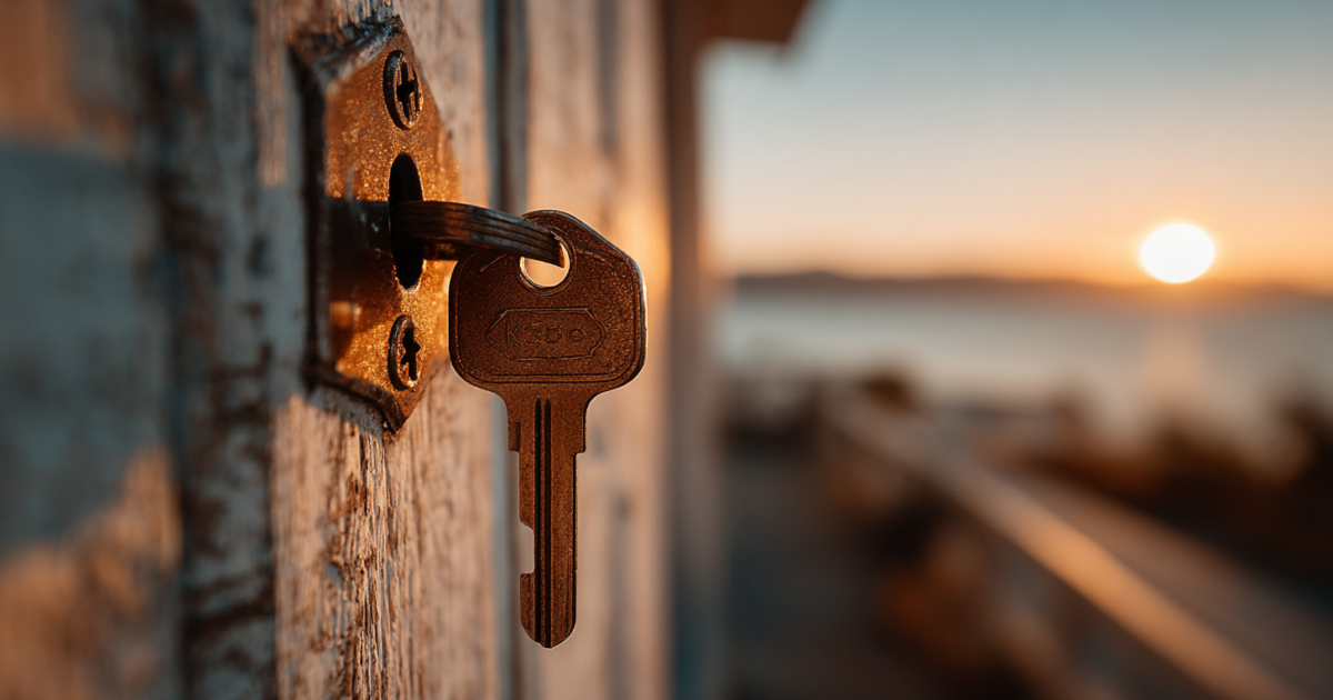 Macro fotografie van een huissleutel in een slot, symboliserend huisvesting en registratie