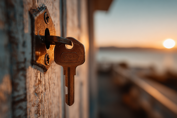 Macro fotografie van een huissleutel in een slot, symboliserend huisvesting en registratie