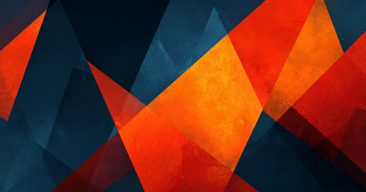 Abstracte geometrische compositie met botsende vormen in donkerblauw en oranje, symboliserend de spanningen tussen Iran en Amerika