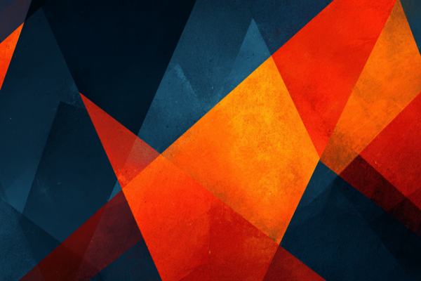 Abstracte geometrische compositie met botsende vormen in donkerblauw en oranje, symboliserend de spanningen tussen Iran en Amerika