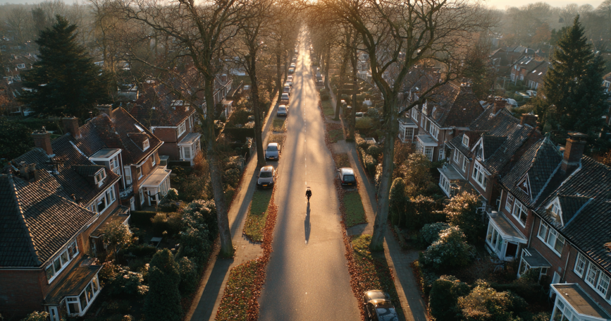 Luchtfoto van Nederlandse woonwijk met zorgfaciliteiten in gouden uurtje