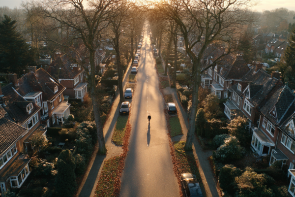 Luchtfoto van Nederlandse woonwijk met zorgfaciliteiten in gouden uurtje