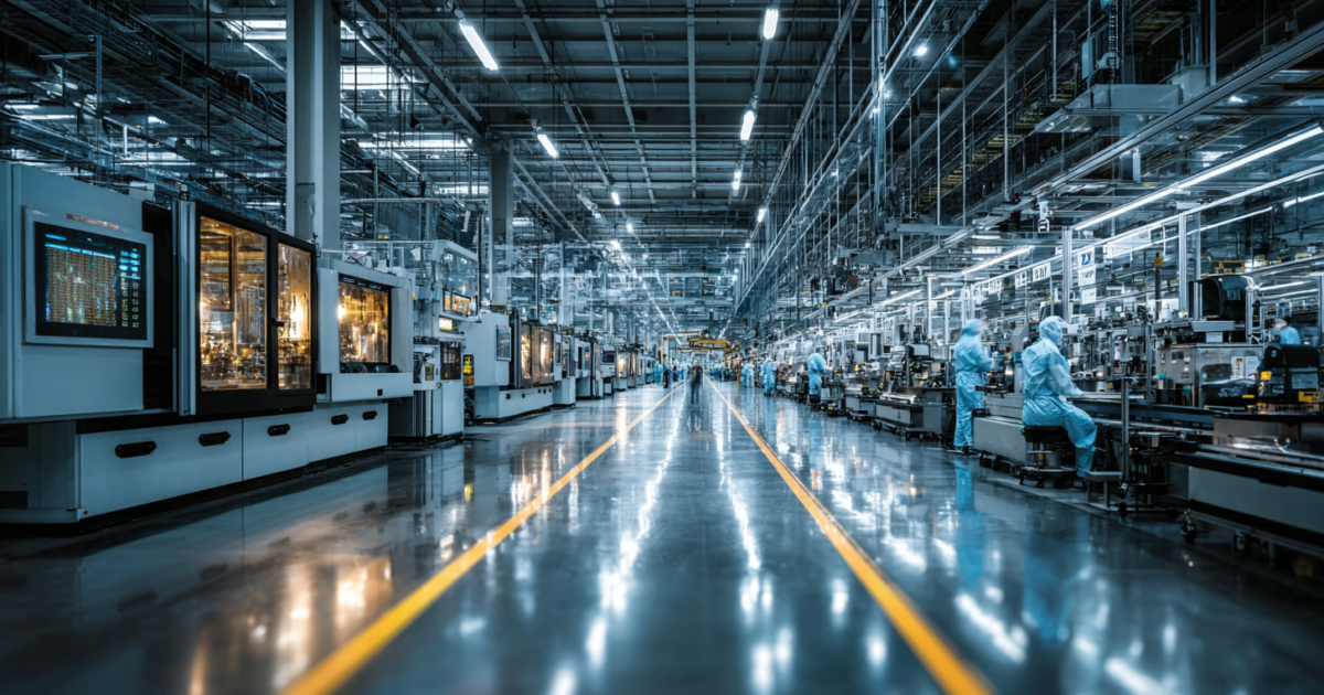 Moderne semiconductorfabriek met geavanceerde productieapparatuur en werknemers in beschermende kleding