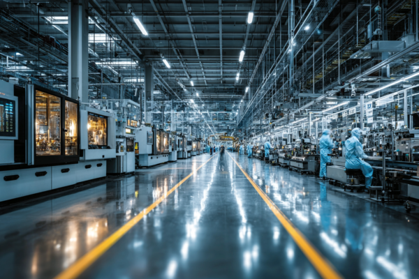 Moderne semiconductorfabriek met geavanceerde productieapparatuur en werknemers in beschermende kleding