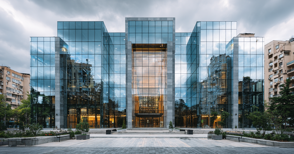 Moderne centrale bank architectuur met reflectie van stedelijke woningbouw