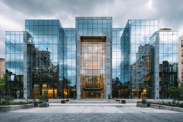 Moderne centrale bank architectuur met reflectie van stedelijke woningbouw