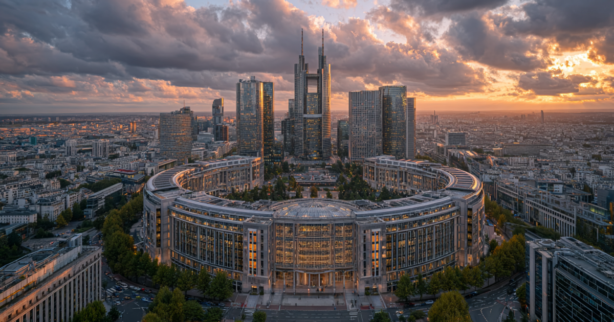 Luchtfoto van het Europees Parlement met bedrijfstorens op de achtergrond tijdens gouden uur