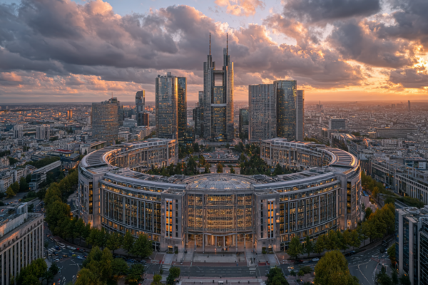 Luchtfoto van het Europees Parlement met bedrijfstorens op de achtergrond tijdens gouden uur
