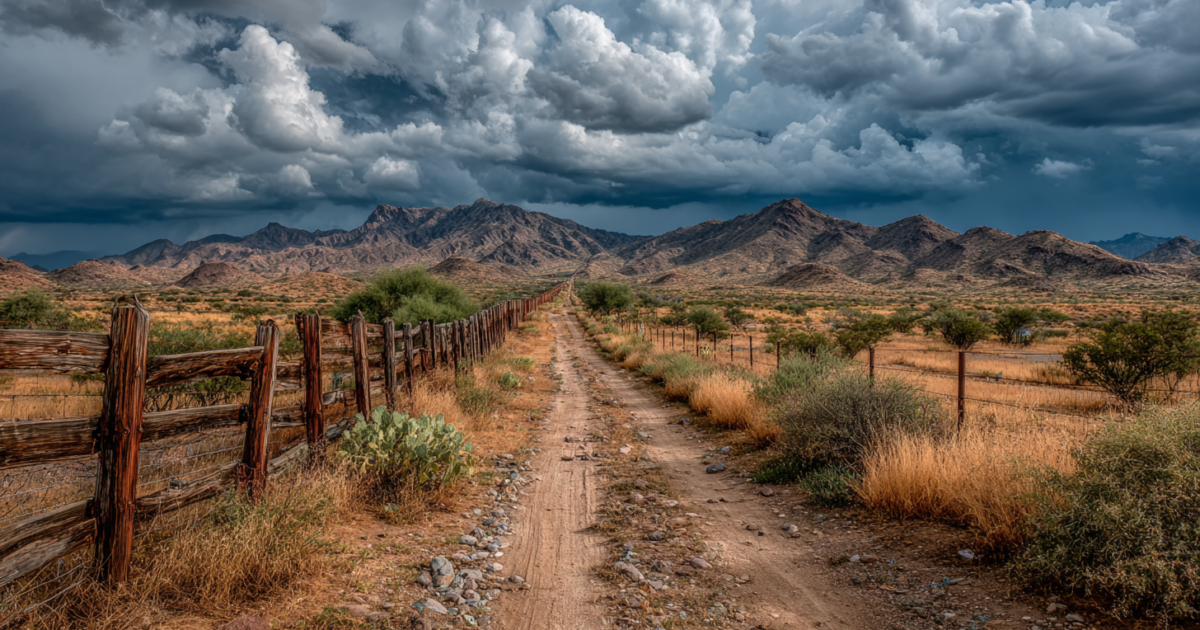 Grenzhek tussen de VS en Mexico in woestijnlandschap met dramatische lucht