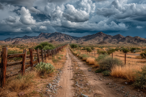 Grenzhek tussen de VS en Mexico in woestijnlandschap met dramatische lucht