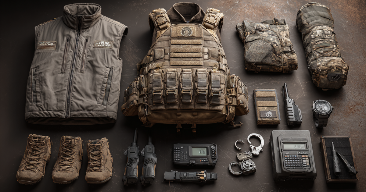 Tactische uitrusting en militaire apparatuur die de militarisering van immigratiehandhaving symboliseert