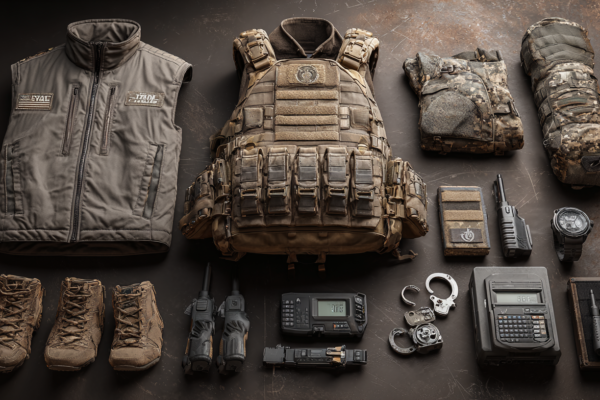 Tactische uitrusting en militaire apparatuur die de militarisering van immigratiehandhaving symboliseert