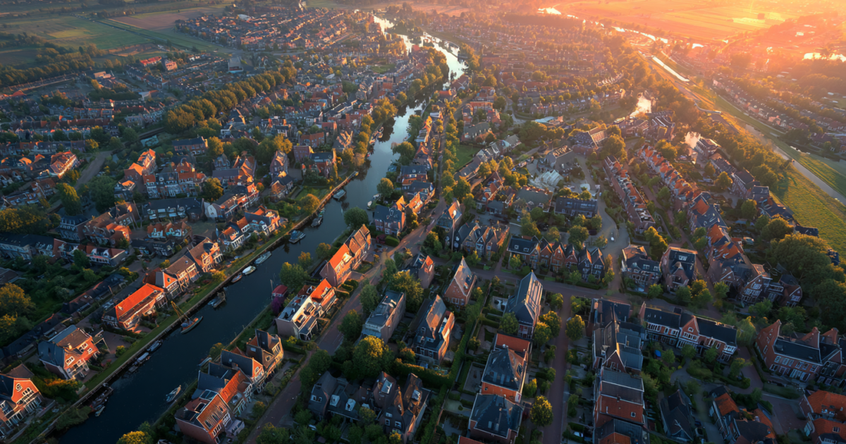 Luchtfoto van Nederlandse woonwijken die de woningmarkt symboliseert
