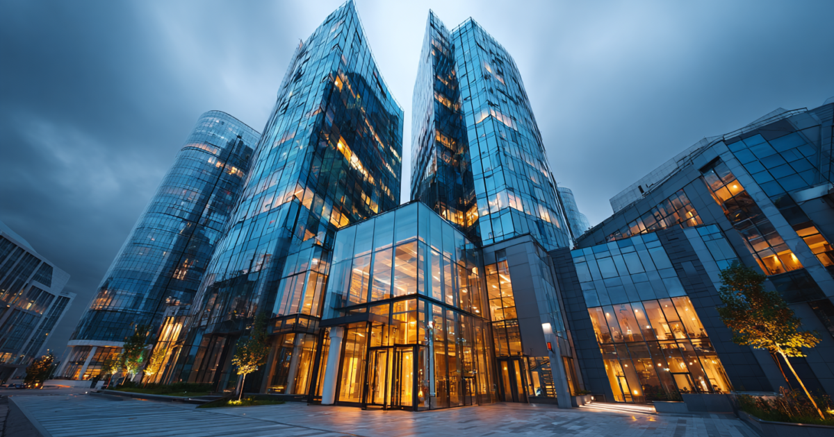 Modern zakelijk gebouw dat institutionele ondersteuning voor het MKB symboliseert